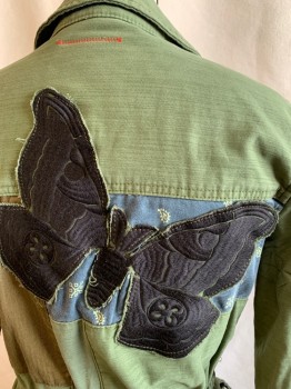 HEI HEI, Olive Green, Cotton, Patchwork, Metal Button Front, Patchwork Back with Butterfly, Collar Attached, 6+ Pockets, Drawstring Waist, Elastic Hem, Button Cuff