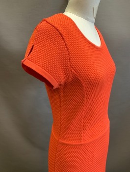 BIANA, Coral Orange, Viscose, Polyamide, Solid, Bumpy Textured Knit, Short Sleeves with Cutout at Shoulder, Scoop Neck, Princess Seams, Fitted Through Hip, Knee Length, *Stains CB Thigh Area