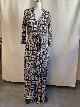 DVF, Dk Brown, White, Silk, Abstract , Wrap Dress, Collar Attached, 3/4 Sleeve with Cuff, Self Attached Wrap Around Belt, Ankle Length