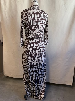 DVF, Dk Brown, White, Silk, Abstract , Wrap Dress, Collar Attached, 3/4 Sleeve with Cuff, Self Attached Wrap Around Belt, Ankle Length