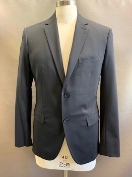 THEORY, Dk Gray, Wool, Lycra, Solid, Notched Lapel, Single Breasted, Button Front, 2 Buttons, 3 Pockets