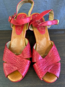 Womens, Shoes, MARLENE, Red, Leather, Floral, 9, Reproduction, Tooled Leather Platform Wedges, Peep Toe, Ankle Strap, 3.5" High