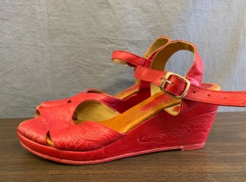 Womens, Shoes, MARLENE, Red, Leather, Floral, 9, Reproduction, Tooled Leather Platform Wedges, Peep Toe, Ankle Strap, 3.5" High