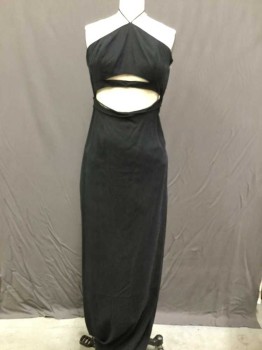 Womens, Evening Gown, FREE PEOPLE, Black, Rayon, Solid, 0, Halter, Peekaboo Front And Back, Straight Skirt, Side Zipper, Box Pleats At Hip Level In Back, Boned Bodice