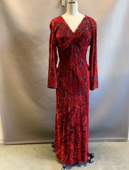 Womens, Evening Gown, TESSUTO, Red, Black, Silk, Rayon, Floral, W 28, B 32, Velvet Burnout, V-neck, Gathered Empire Bust, Ankle Length, Sheer Long Sleeves