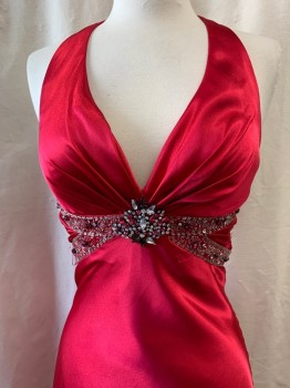 BEE DARLIN, Fuchsia Pink, Polyester, Halter, V-neck, Black, Silver, & Pink Rhinestone Cluster at Center, Beaded Straps on Bak, Beaded Lower Back Waist, Pleated Back Straps with Hook & Eye on Middle Back, Zip Back