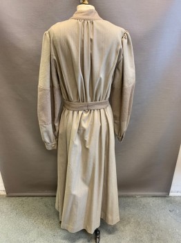 Womens, Dress 1890s-1910s, NL, Khaki Brown, Black, Wool, Stripes - Pin, W: 36, B: 40, Khaki Belt, Stand Collar, Button Front, L/S, Large Solid Khaki Patch on Sleeve