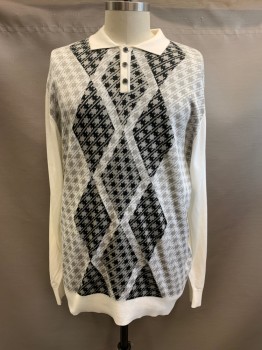 PRESTIGE, White, Gray, Black, Acrylic, Houndstooth, Polo Sweater, Collar Attached, 1/4 Button Front, Long Sleeves, Solid White Collar Sleeves, Waist & Back