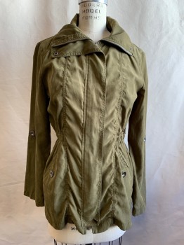 FOREIGN EXCHANGE, Olive Green, Polyester, Solid, Zip Front with Hidden Snap Placket, Oversized Stand Collar, 2 Pockets, Back Yoke, Elastic Waist, Box Pleat Center Back, Tabs Inside Sleeves for Button Sleeve Roll Up