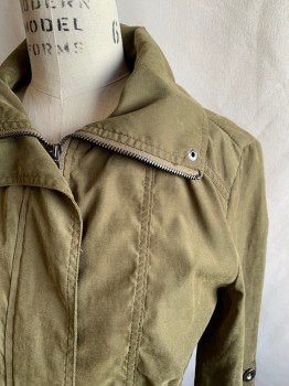 FOREIGN EXCHANGE, Olive Green, Polyester, Solid, Zip Front with Hidden Snap Placket, Oversized Stand Collar, 2 Pockets, Back Yoke, Elastic Waist, Box Pleat Center Back, Tabs Inside Sleeves for Button Sleeve Roll Up