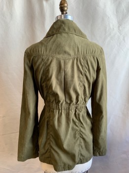 Womens, Casual Jacket, FOREIGN EXCHANGE, Olive Green, Polyester, Solid, S, Zip Front with Hidden Snap Placket, Oversized Stand Collar, 2 Pockets, Back Yoke, Elastic Waist, Box Pleat Center Back, Tabs Inside Sleeves for Button Sleeve Roll Up