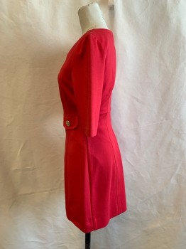 Trina Turk, Red, Cotton, Solid, Short Sleeves, Zipper Back, 2 Gold Nautical Theme Buttons on Front