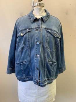 LANE BRYANT, Denim Blue, Cotton, C.A., Single Breasted, Button Front, 2 Breast Pockets, 2 Welt Pockets at Waist, Distressed Style