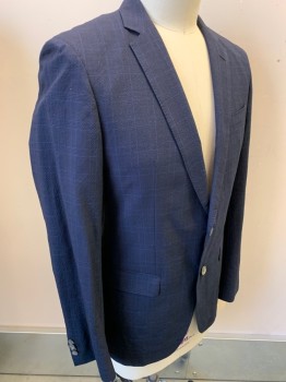 HUGO BOSS, Midnight Blue, Wool, Cotton, Plaid-  Windowpane, Textured Fabric, Single Breasted, 2 Buttons,  Notched Lapel, 2 Pocket Flap,
