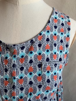Childrens, Blouse, TUCKER & TATE, Navy Blue, Lt Blue, Pink, Rayon, Geometric, 14/16, Button Front, Scoop Neck, Sleeveless, 1 Pocket, Gathered at Back Yoke