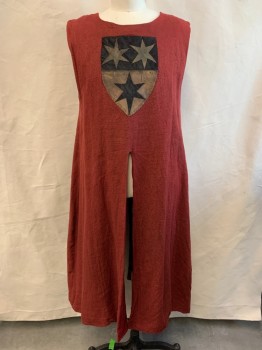 Mens, Historical Fiction Tabard, MTO, Dusty Red, Dusty Black, Brown, Linen, Cotton, Solid, Stars, 46", Round Neck,  Sleeveless, Split Front and Back, Cotton Lined, Crusader, Nicely Aged Shield Appliqued Center Front, Hole and Fabric Flaw on Back Panel. Multiples