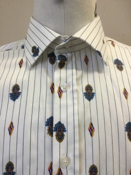 UMBERTO TITO, White, Teal Blue, Black, Gold, Pink, Cotton, Diamonds, Stripes - Vertical , White with Black Vertical Stripes & Gold Diamond & Teal Blue, Green Gold Novelty Print, Collar Attached, Button Front, Long Sleeves,