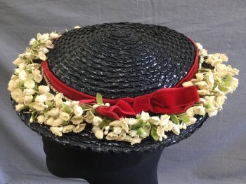 Womens, Hat 1890s-1910s, MTO, Midnight Blue, Dk Red, Cream, Green, Plastic, Floral, Navy  with Dark Red Velvet Ribbon and Tiny Cream/green Lilly of the Valley Around the Crown