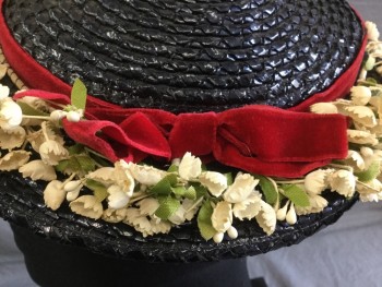 Womens, Hat 1890s-1910s, MTO, Midnight Blue, Dk Red, Cream, Green, Plastic, Floral, Navy  with Dark Red Velvet Ribbon and Tiny Cream/green Lilly of the Valley Around the Crown