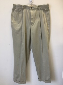 BROOKS BROTHERS, Khaki Brown, Cotton, Solid, Khaki, 2 Pleat Front, Zip Front, 4 Pockets, with Cuffs