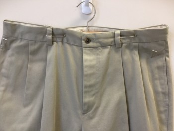 BROOKS BROTHERS, Khaki Brown, Cotton, Solid, Khaki, 2 Pleat Front, Zip Front, 4 Pockets, with Cuffs