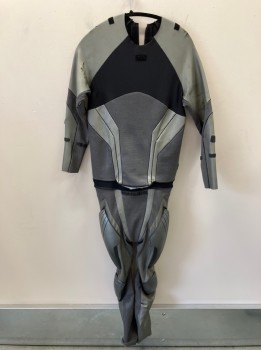 Unisex, Sci-Fi/Fantasy Jumpsuit, MTO, Lt Gray, Black, Neoprene, Solid, Geometric, 62Grth, 36C, W30, Long Sleeves, Built In Codpiece, Thigh and Knee Pads, Center Back Zipper, Velcro For Gauntlets, Holes For Harness, Geometric Texture Print Down Center Front and Sides, Space Suit, Astronaut, Aged/Distressed,  Broken Zipper At Waist