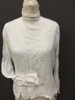 N/L, White, Cotton, Lace, Solid, Floral, L/S, Buttons at CB, Floral Embroidered Front, Band Collar with Lace, Gathered Sleeve Inset with Pintucks and Lace, Pintucked Back, Back Waist Self Tie