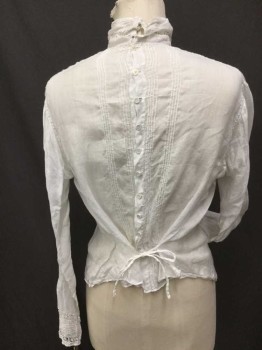 N/L, White, Cotton, Lace, Solid, Floral, L/S, Buttons at CB, Floral Embroidered Front, Band Collar with Lace, Gathered Sleeve Inset with Pintucks and Lace, Pintucked Back, Back Waist Self Tie