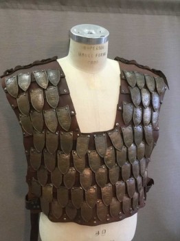 Mens, Historical Fict. Breastplate , MTO, Brown, Brass Metallic, Leather, Metallic/Metal, L/XL, Brown Layered Panels with Faux Brass Shingle-like Leather Pieces, Studded, Side Buckles, Shoulders Laced Together, Square Neck, Keyhole Back