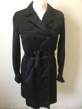 Womens, Coat, Trenchcoat, ITALY, Black, Cotton, Small, Double Breasted, 10 Buttons, Self Belt