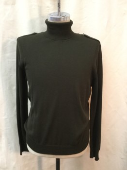 KENNETH COLE, Dk Olive Grn, Silk, Cotton, Solid, Turtleneck, Epaulets, Long Sleeves, Rib Knit Arms Eyes