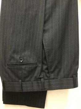 BROOKS BROTHERS, Charcoal Gray, Lt Gray, Wool, Stripes - Vertical , Flat Front, 4 Pockets,