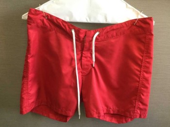 Mens, Swim Trunks, AMERICAN APPAREL, Red, White, Polyester, Solid, S, Swim Trunks, Solid Red, with White Drawstring At Waist, Velcro Closure At Fly, 1 Pocket In Back, 4" Inseam