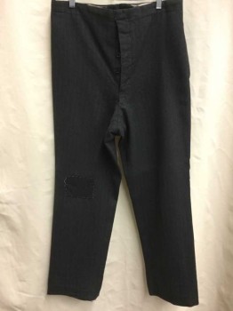 Mens, Pants 1890s-1910s, NO LABEL, Charcoal Gray, Black, White, Wool, Herringbone, 29+, 34, Button Fly, Patch On Knee, Suspender Buttons