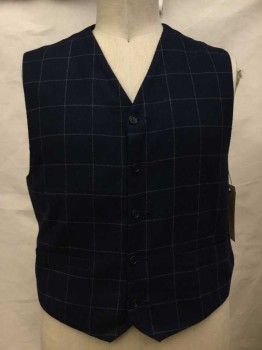 Navy Blue, Gray, Wool, Plaid-  Windowpane, Navy with Gray Window Pane, Snap Button Front, 2 Faux Pockets, Old West