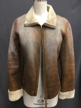 N/L, Brown, Cream, Shearling, Solid, Aged/Distressed, 2 Way Zip Front, Long Sleeves with Turned Up Cuffs, 2 Vertical Welt Pockets,