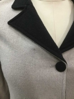 Womens, Jacket 1890s-1910s, N/L, Lt Gray, Black, Wool, Solid, Color Blocking, W 32, B:36, H 38, Light Gray Wool Body, Black Notch Lapel, Cuffs, Pocket Flaps and Buttons, 3 Buttons,  Hip Length, 2 Pockets, Peach Self Diamond Pattern Silk Lining, Made To Order,