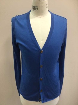 ARMOND DIRADOURIAN, Blue, Silk, Cashmere, Solid, Knit, V-neck, 5 Brown Shell Buttons