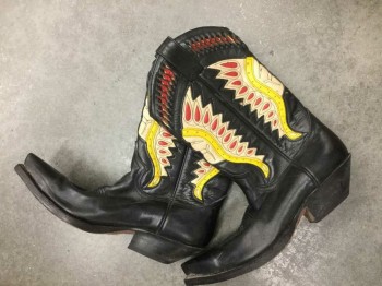 SENDRA, Black, Cream, Red, Yellow, Leather, Novelty Pattern, Black with Multicolor Cutouts/Embroidery with Native American in Headdress at Sides, Pointed Toe, 2" Cuban Heel