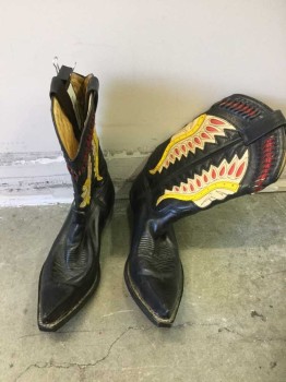Mens, Cowboy Boots , SENDRA, Black, Cream, Red, Yellow, Leather, Novelty Pattern, 10, Black with Multicolor Cutouts/Embroidery with Native American in Headdress at Sides, Pointed Toe, 2" Cuban Heel