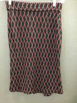 DVF, Olive Green, Black, Red, White, Maroon Red, Wool, Acrylic, Diamond Stripe Knit, Elastic Waist, 2 Slit Panel Back