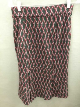 Womens, Suit, Skirt, DVF, Olive Green, Black, Red, White, Maroon Red, Wool, Acrylic, 6, Diamond Stripe Knit, Elastic Waist, 2 Slit Panel Back