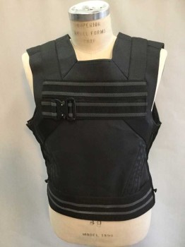 Mens, Vest, BILL HARGATE , Black, Gray, Polyester, Stripes, 40, Square Neck, Zip Down Sides, Black/Gray Stripe Pieces Across Chest with 1 Buckle, Striped Waistband