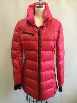 Womens, Coat, Winter, MARC NEW YORK, Red, Hot Pink, Black, Polyester, Solid, S, Down Filled, Black Zip Front, Red Jacket with Hot pink Linking, Double Collar with Hot Pink Lining Showing, 2 Hidden Zipper Princess Seam Pockets, 1 Black Chest Zipper Pocket, Black Fleece Cuffs