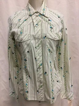 Womens, Shirt, PATAGONIA, Lt Green, Green, Purple, Silver, Aqua Blue, Cotton, Stripes, Novelty Pattern, S, Lt Green, Green/purple/silver Stripes, Green/aqua/purple Novelty Stripe, Brown Embroiderred Trim Detail, Snap Front, Collar Attached, Long Sleeves, 2 Flap Pockets