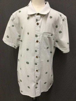 O'NEILL, Lt Green, Olive Green, Black, Cotton, Floral, Collar Attached, Button Front, 1 Pocket, Short Sleeves,