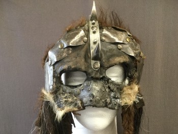 Unisex, Sci-Fi/Fantasy Mask, MTO, Graphite Gray, Brown, Leather, Metallic/Metal, Mottled, Scary Barbarian Biker, Covers Nose and Forehead, Spikes, Fur and Horse Hair Wisps, Leather Straps and Buckles, Rivetted Metal Plates