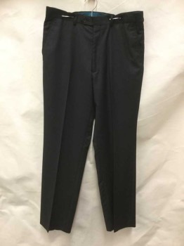 FERRECCI, Black, Wool, Solid, Black, Turquoise Inside Waistband, Flat Front, Zip Front, 1 Black Button at Waistband Front Center