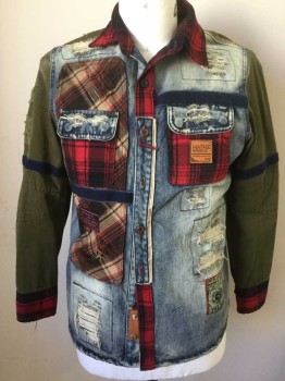 HERITAGE AMERICA, Lt Blue, Olive Green, Red, Black, Cotton, Solid, Plaid, Wow, What a Jacket, Faded Denim, Red and Black Plaid, Olive Twill, Brown/Tan/Red Plaid, Blue Female Velcro, Different Types of It's Own Name Labels, Mended Holes, Everything You Could Ever Want is on This Beauty