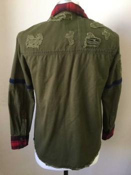 HERITAGE AMERICA, Lt Blue, Olive Green, Red, Black, Cotton, Solid, Plaid, Wow, What a Jacket, Faded Denim, Red and Black Plaid, Olive Twill, Brown/Tan/Red Plaid, Blue Female Velcro, Different Types of It's Own Name Labels, Mended Holes, Everything You Could Ever Want is on This Beauty